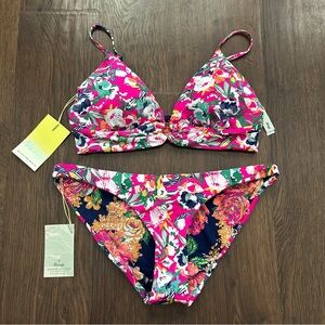 Maaji Peony Long Line Triangle Bikini Top and Flirt Bottom Set Size L